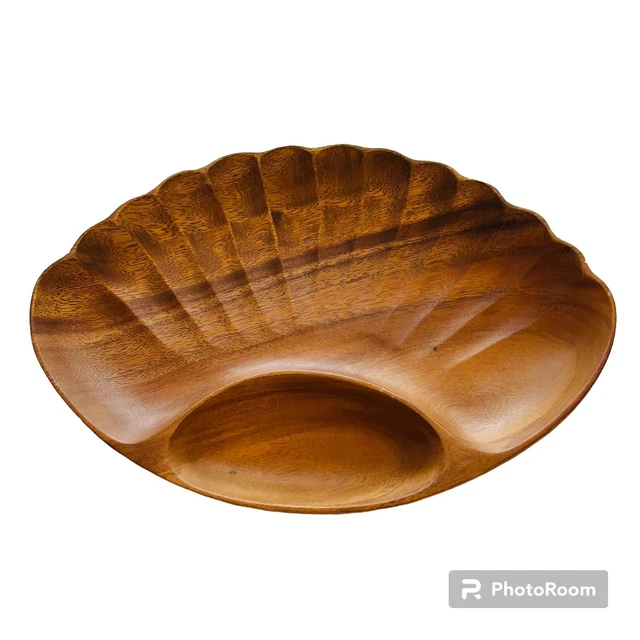 Large Monkey Pod Wood Scalloped Shell Bowl Serving Tray Carabao 13 In