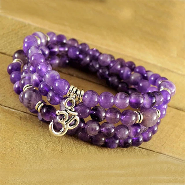 8MM 108 Amethyst Buddha beads Silver Pendant Bracelet Lucky Mala Wrist Buddhism