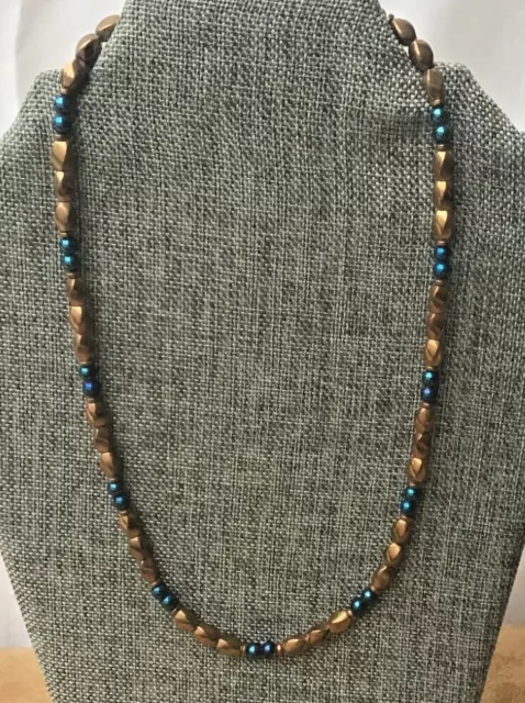 Men's Women's Magnetic Hematite Copper Twist with Magnetic Blue Rounds Necklace