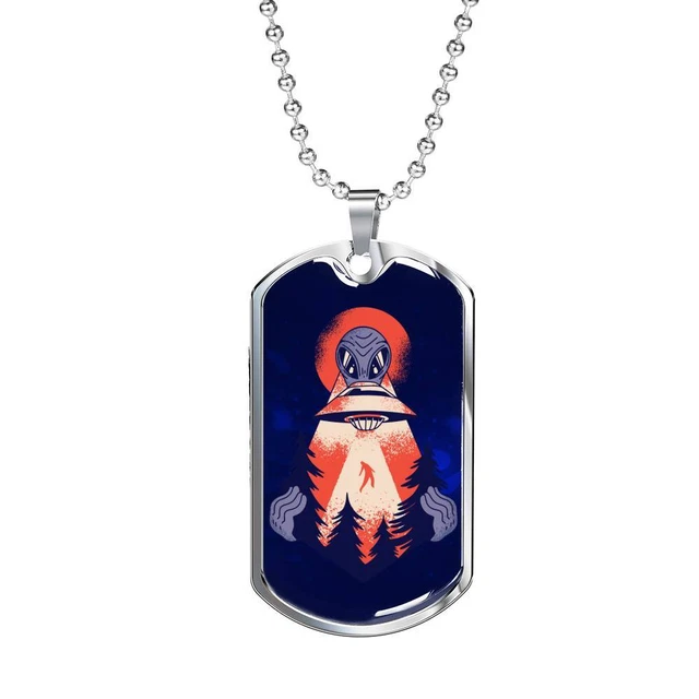 Forest Alien Necklace UFO Alien Fan Gift Stainless Steel or 18k Gold Dog Tag 24"