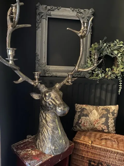 Large Silver Metal Stag Head 6 Candle Holder Deer Antlers Candelabra RRP £387