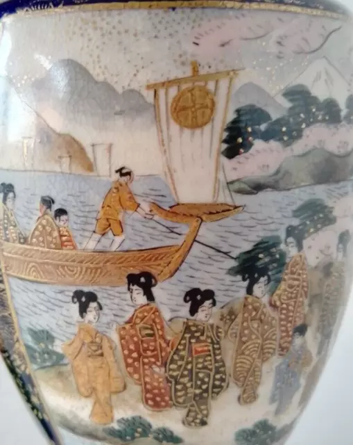 Museum Qty Meiji Pd Japanese Satsuma Vase w Returning Samurai Geisha & Deities