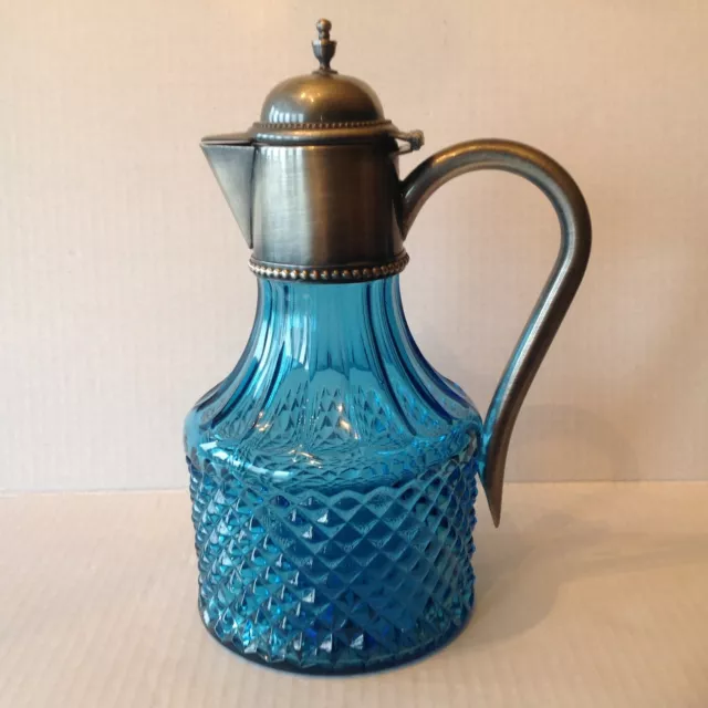 Pressed blue Diamond Point Claret/Jug Pewter Glass Decanter