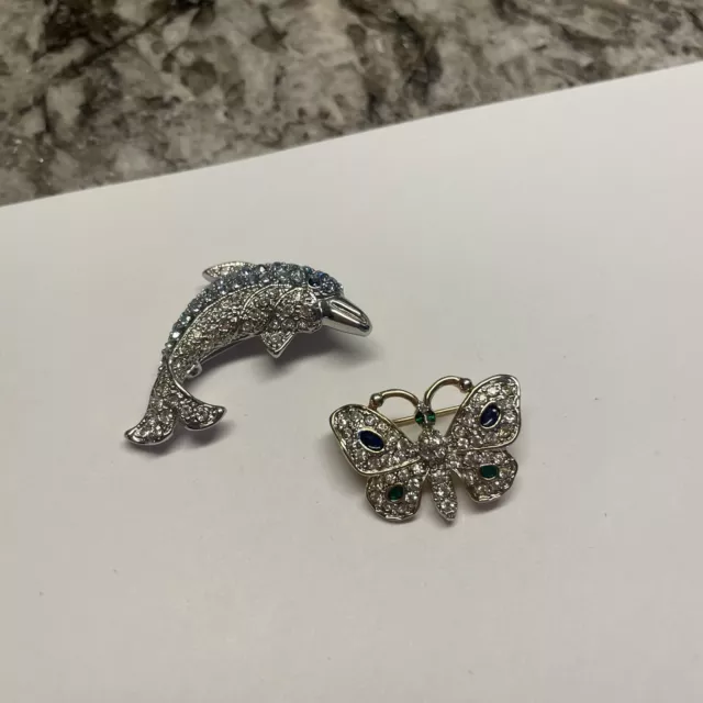 Lot Of 2 Costume Jewelry Brooch Pins Rhinestone Butterfly Insect / Dolphin