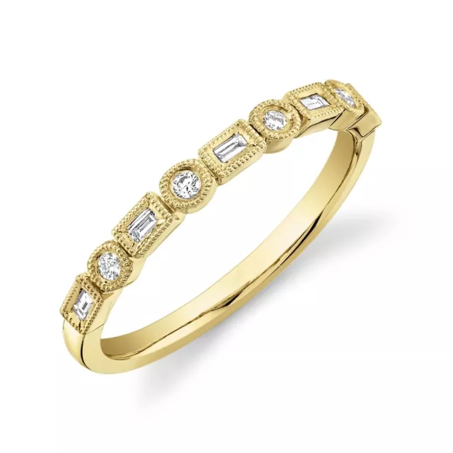 14K or Jaune Baguette Diamant Rond Perlé Milgrain Anneau Bague Naturel