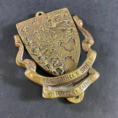 Vintage Antique Brass Black Prince's Shield Canterbury Cathedral Door Knocker