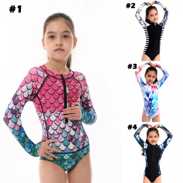 Girls Long Sleeve Rashguard Swimsuit UV Protection One-Piece Swimwear Bath Suit