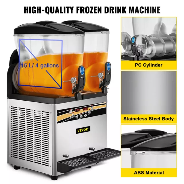 VEVOR Commercial 2x15L Slush Machine Frozen Drink Margarita Slush Maker 2 Tanks 3