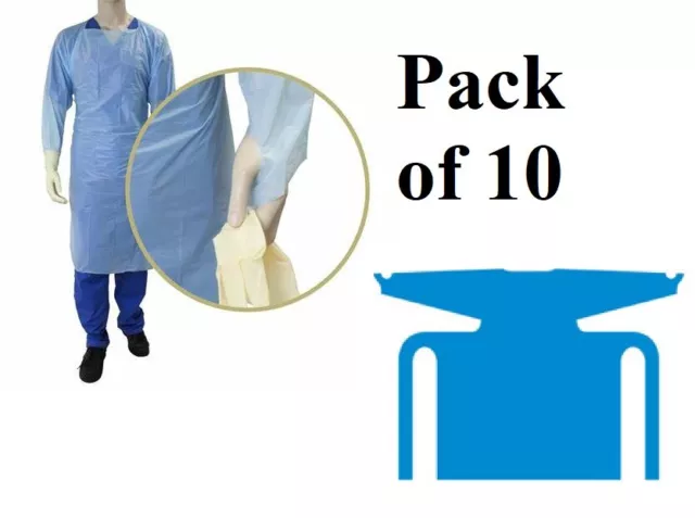 10 X Bleu Isolation Plastique Blouse Avec Pouce Boucle Ldpe ,GB Stock,Lot De 10