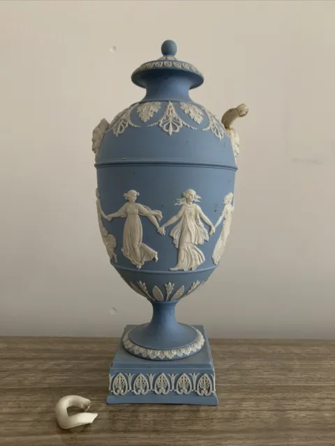 Wedgwood  Blue Jasperware Dancing Hours Pedestal Vase/ Lidded Twin Handled Urn
