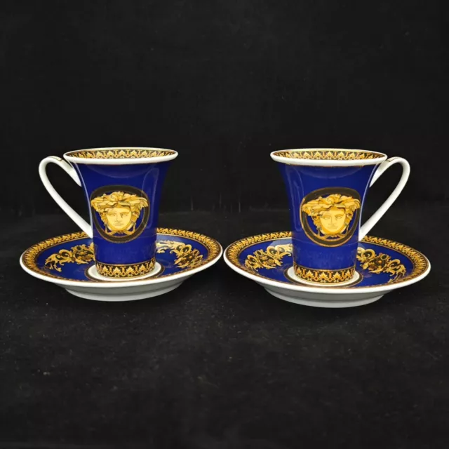 Rosenthal Versace Medusa blue Set of 2 Espresso Cups & 2 Saucers (D1020)