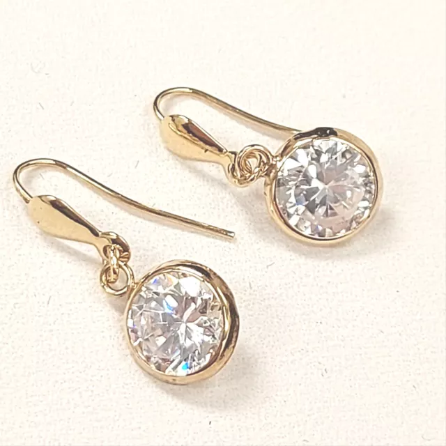 9ct Yellow Gold Earrings Large Brilliant Cut Cubic Zirconia Drops Hook Fitting