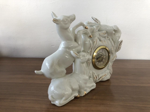 Orologio Vintage Scultura Da Tavolo In Porcellana Anni 60 Decori Dorati 3