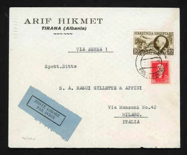 1941 Albania Cover To Italy, 35 Qind, Tirana & Milano CDS, Airmail, Arif Hikment
