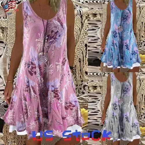 Womens Summer Holiday Midi Dress Ladies Boho Beach Loose Floral Tank Sundress US