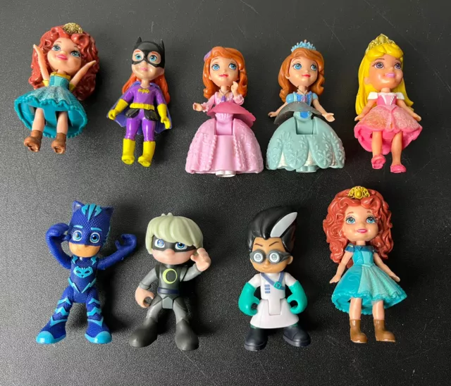 Lot of 9 Various 3.5” Figures Disney Princess Toddler Dolls PJ Masks Batgirl Etc