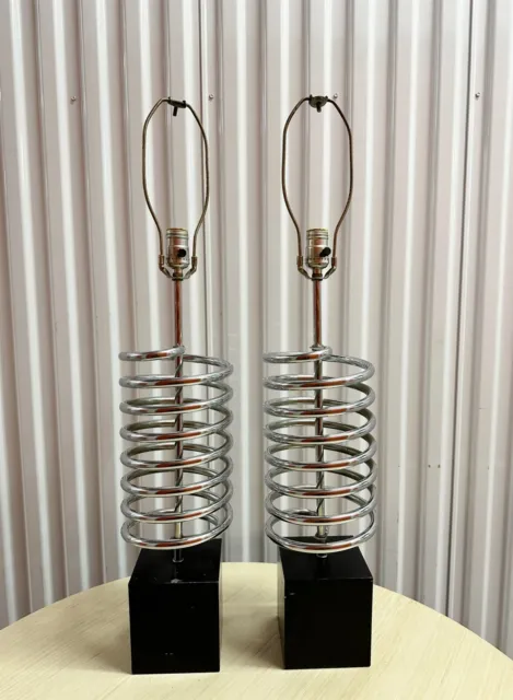 Pop Art Laurel Midcentury Pair Chrome Spring Table Lamps Spiral Corkscrew