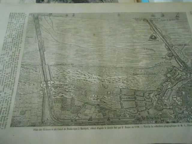 Plan des écluses et canal de Dunkerque à Mardyck Gravure Old Print 1860