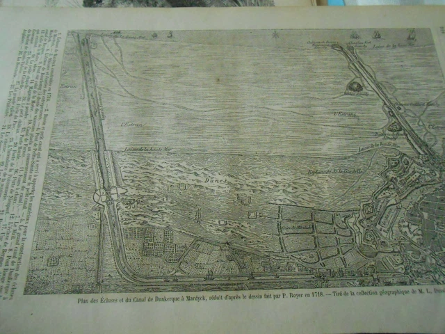 Plan des écluses et canal de Dunkerque à Mardyck Gravure Old Print 1860