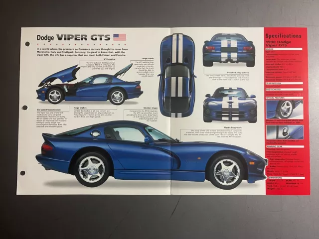 1998 Dodge Viper GTS Poster, Spec Sheet, Folder, Brochure - Awesome L@@K