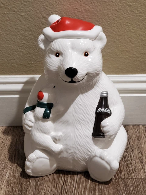 Vintage 1998 Teleflora Holiday Coca Cola Cookie Jar Polar Bear & Cub 10.25" Tall
