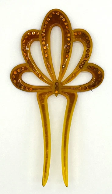 Vintage Art Deco 5" Amber Fan Translucent Hair Comb,  Orange Amber Rhinestones