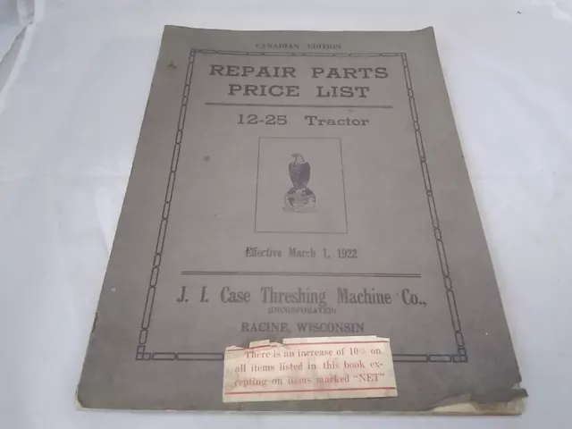 Vintage Canadian Edition 1922 J. I. Case Repair Parts Price List 12-25 Tractor