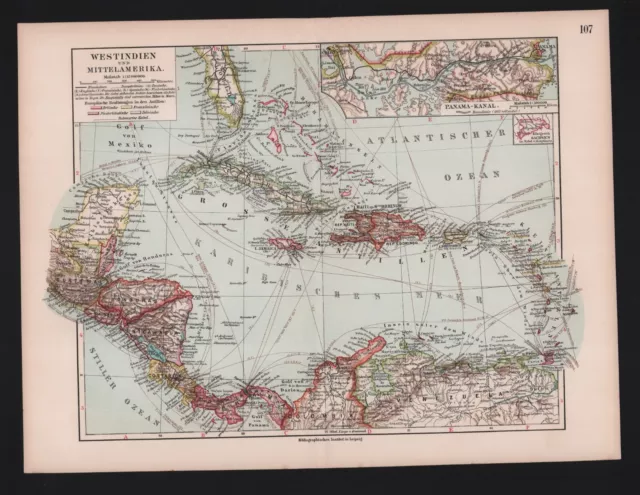 Landkarte map 1912: West-Indien und Mittel-Amerika. Panama-Kanal