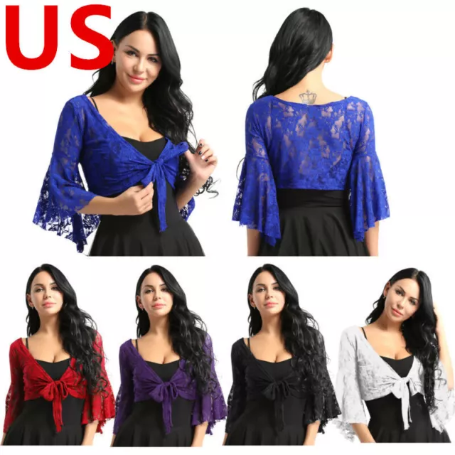 US Womens Tops Half Sleeve Floral Lace Shrug Cropped Open Front Bolero Cardigan