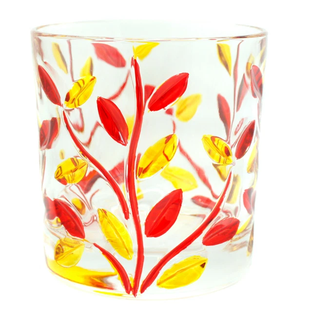 Murano Verre Buvant Art Verre Gobelet Rouge Jaune Main Peint Fleur 327ml