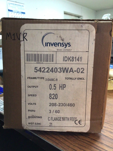 INVENSYS BROOK HANSON Induction Motor 1/2HP, 208-230/460V, 3PH, (M1VR ...