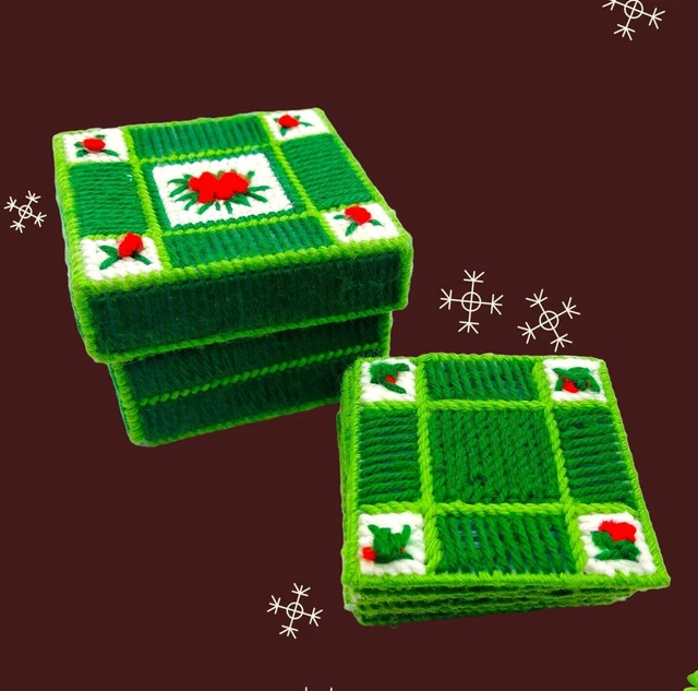 Juego de posavasadas y soporte de colección caja Navidad hecho a mano plástico aguja verde regalo