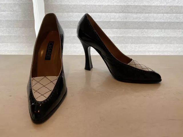 Vintage Casadei Black And White Patent Leather Loafer Pumps Heels