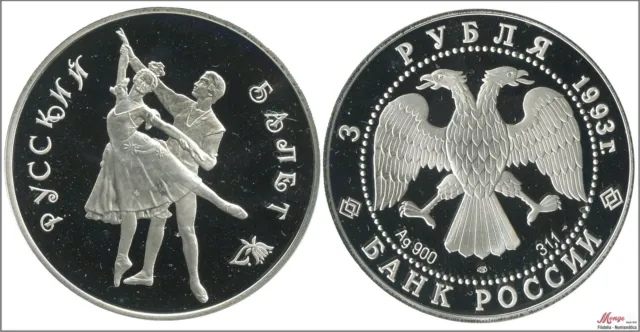 Russia 3 Rubles 1993/Ballet/34,56 Gr.plata/IN Capsule Proof Y00323