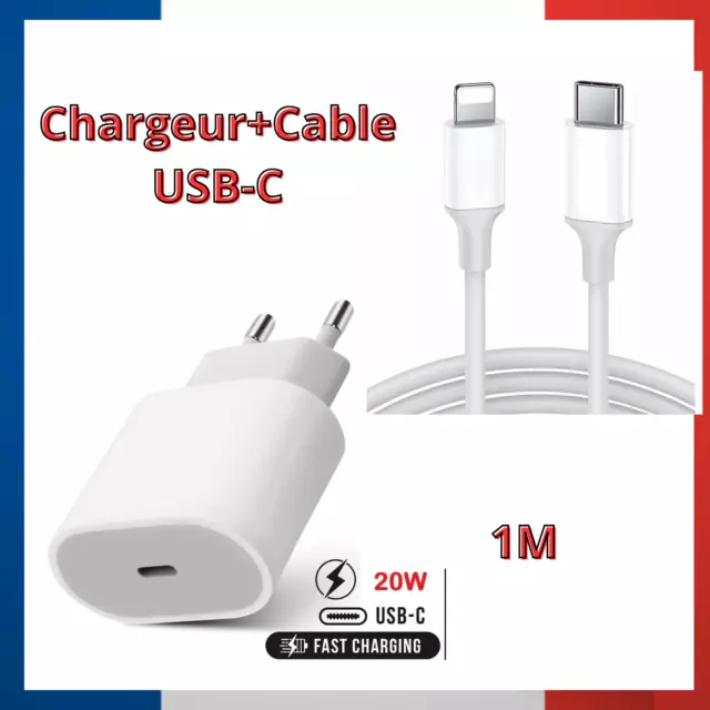 Adaptateur 20W+Chargeur rapide Pour iPhone USB C 1M  13/12/11/XR/Xs/Max/8/7