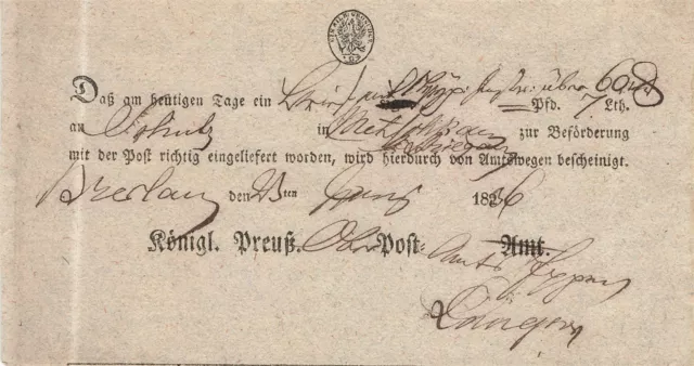 724499) Preußen Postschein aus Breslau Schlesien 1836