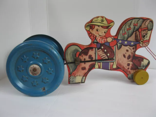 ANTIQUE THE GONG BELL MFG CO Cowboy  Horse 1940'S PULL TOY Wood Metal Wheels