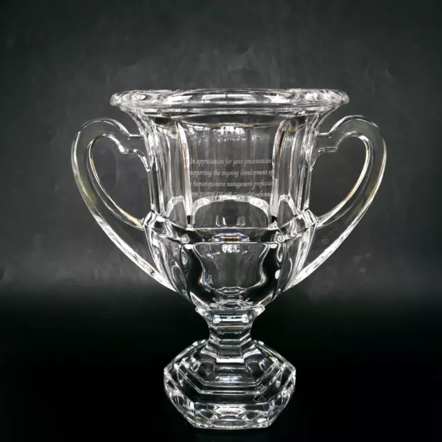 Tiffany & Co Crystal Trophy Cup Vase Urn 7" Double Handle Engraved 1999 Vintage