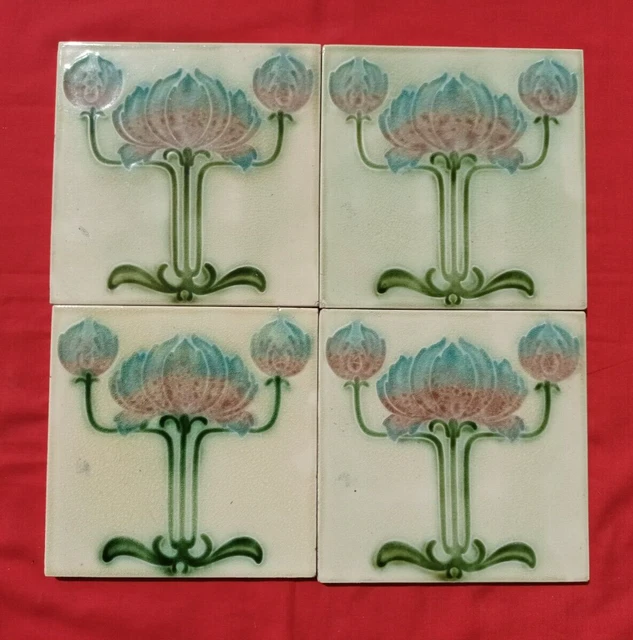 4 Pieces Lot Old Art Luster Design Majolica Ceramic Tiles England Made 0226