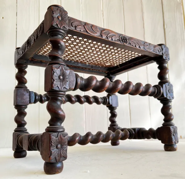 ANTIQUE SPANISH CARVED STOOL, Wood Revival Colonial Barley Twist Furniture Seat