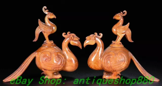 6" Old Chinese Dynasty Natural Hetian Jade Phoenix Incense Burner Censer  Pair