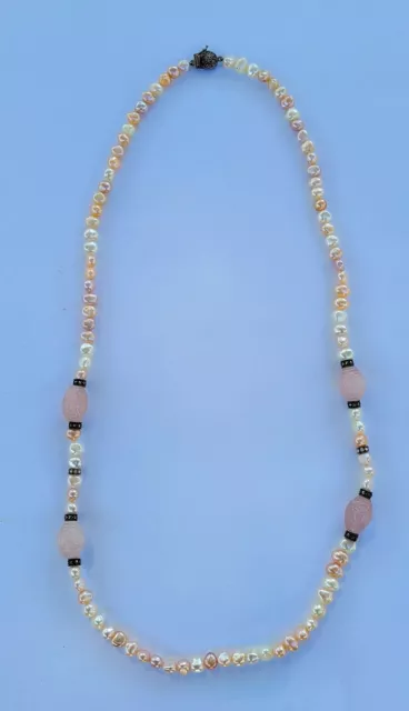 Judith Jack Pink Pearl Marcasite Carved Rose Quartz 33" Necklace Signed 925