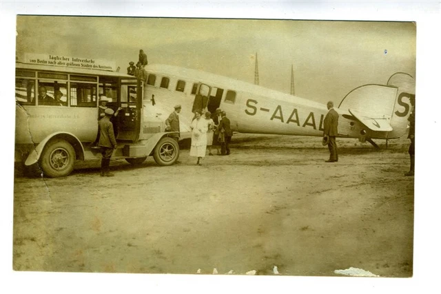 Bus Picking Up Passengers at Junkers Templehof Airport 1924 Real Photo Postcard