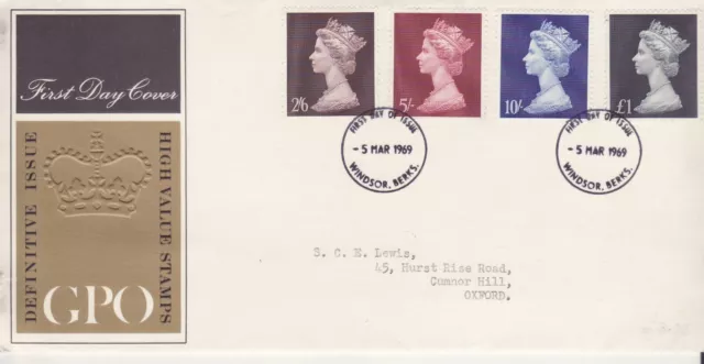 GB Stamps First Day Cover Definitive, high values pre decimal 2'6 to £1 SHS 1969