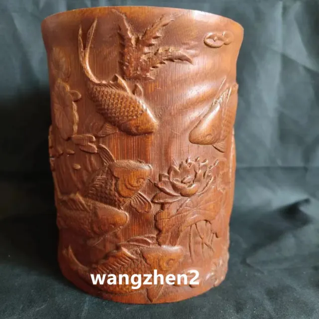 Chinese Wood brush pot Bamboo carving Pen holder Carp and Lotus pen container