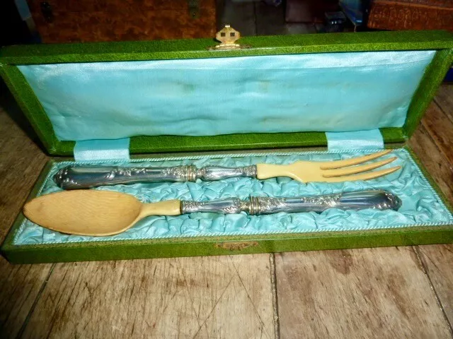 Antique beautiful Art Nouveau French silver ? salad servers, in silk lined box