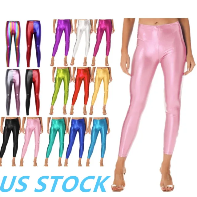 US Womens Faux Leather Skinny Pants Shiny Metallic Stretch Tights Pants Trousers