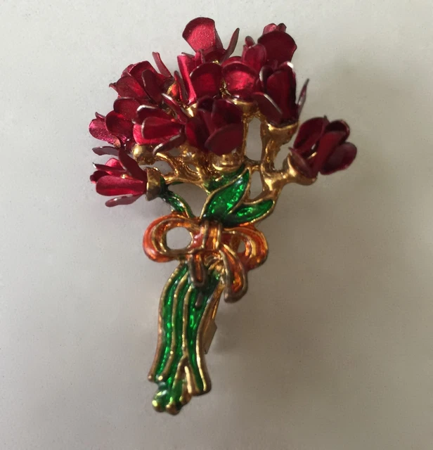 Superbe Broche Vintage LAMINOR – Fleurs Rouges – Plaqué Or – Made In France