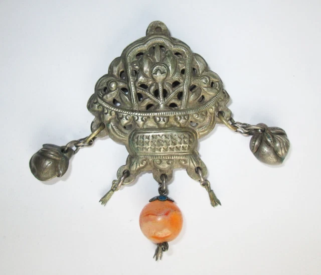 ANTIQUE CHINESE JEWELRY NECKLACE FOB PENDANT w TINKLER, ENAMEL & CARNELIAN STONE