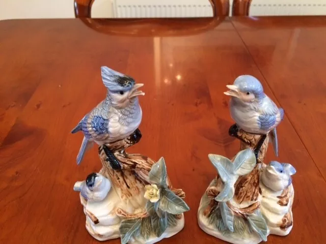 Vintage Pair Blue of Tit Bird Ceramic Figurine Bird Collection Bond